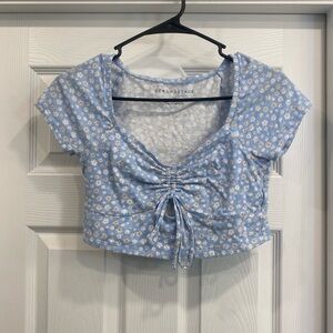 Aeropostale Light Blue Daisy Ruched Tie-Front Crop Top